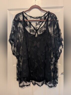 Black Lace Overlay Butterfly Top - Women's